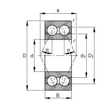 角接觸球軸承 30/8-B-TVH, 雙列，接觸角 α = 25°