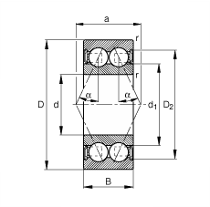 角接觸球軸承 3810-B-2RSR-TVH, 雙列，雙側(cè)唇密封，接觸角 α = 25°
